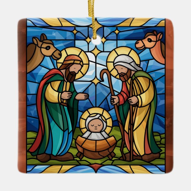 Nativity Stained Glass Art, Birth of Saviour Jesus Ceramic Ornament (Front)