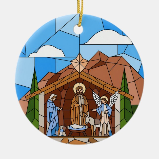 Nativity Stained Glass Art, Birth of Saviour Jesus Ceramic Ornament (Front)