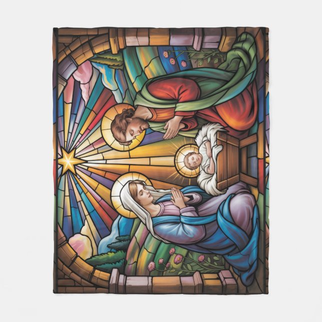 Nativity Stained Glass Art – Holy Family Christmas Fleece Blanket (Front)