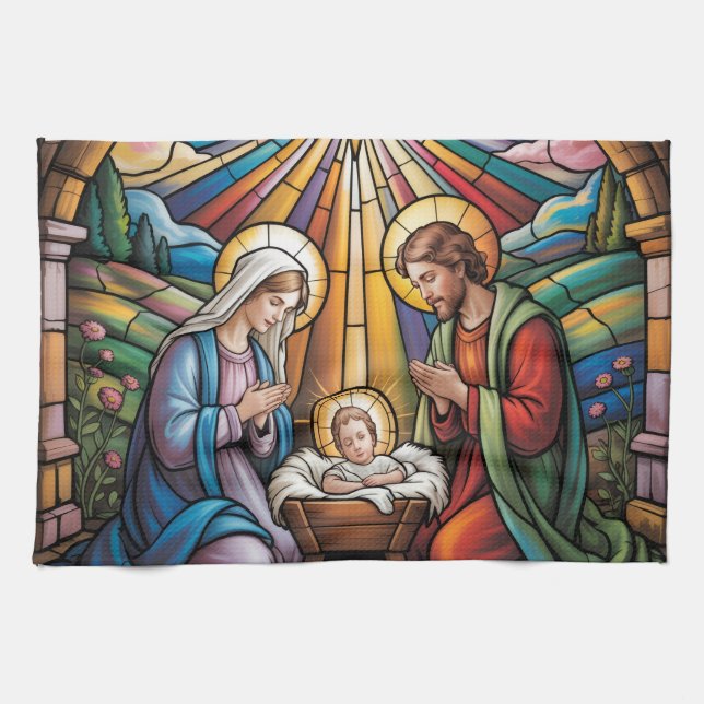 Nativity Stained Glass Art – Holy Family Christmas Kitchen Towel (Horizontal)