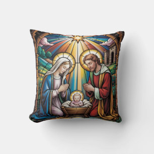 Nativity Stained Glass Art – Holy Family Christmas Throw Pillow