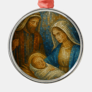 Nativity Stained Glass Mosaic Holy Family Metal Ornament