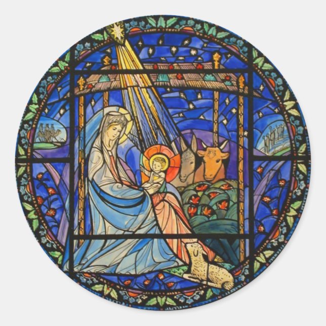 Nativity Stained Glass Window Classic Round Sticker (Front)
