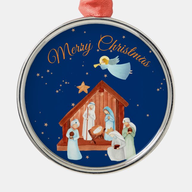 Nativity & Stars Christmas Metal Ornament (Front)