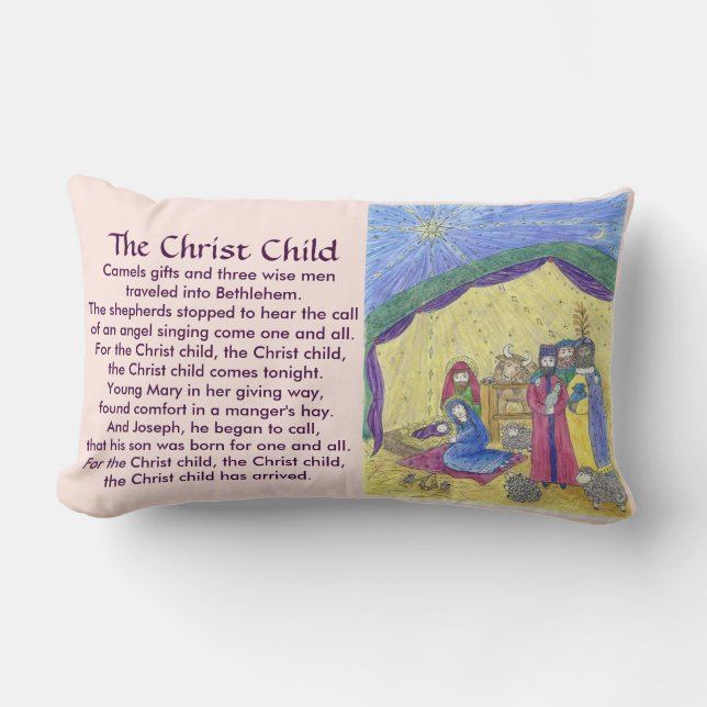 Nativity story Poem front, nativity scene on back Lumbar Pillow (Front)