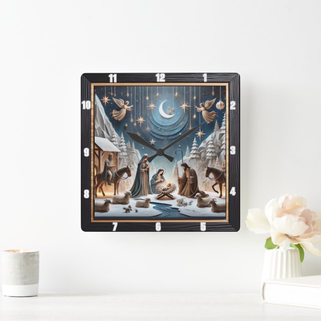 Nativity Winter Scene Angels Stars Square Wall Clock (Home)