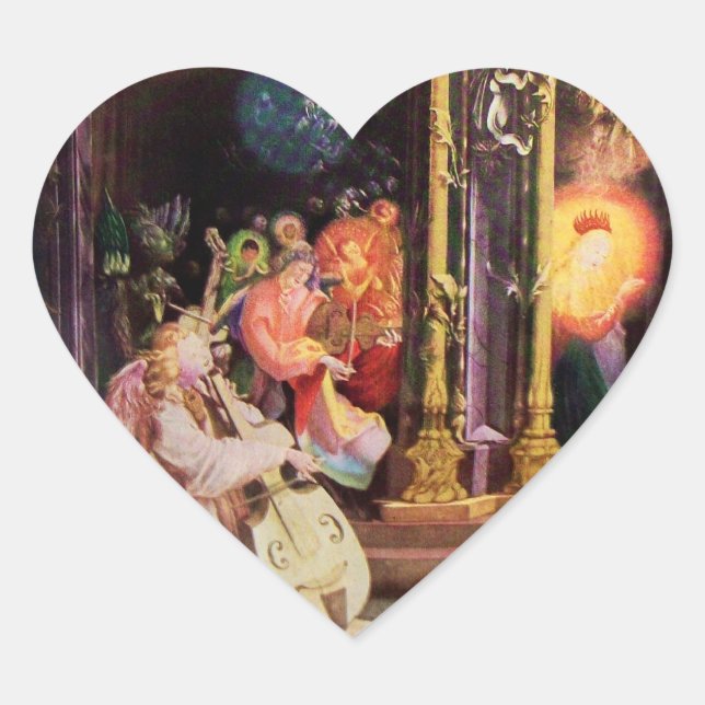 NATIVITY WITH MUSICAL ANGELS - CHRISTMAS HEART STICKER (Front)