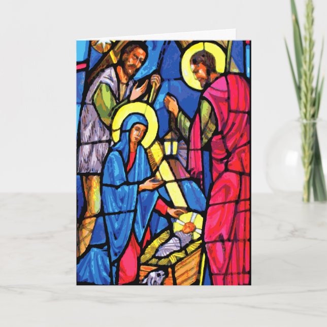 Nativity Zoom Stained Glass Christmas Holiday Card (Front)