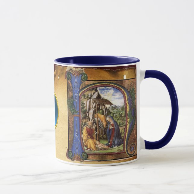 NATIVITYMONOGRAM CHRISTMAS PARCHMENT Blue Gem Mug (Right)