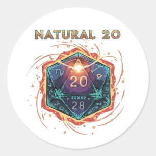 Natural 20 Flaming D20 Dice   Epic D&D Critical   Classic Round Sticker