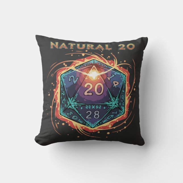 Natural 20 Flaming D20 Dice | Epic D&D Critical  Throw Pillow (Front)