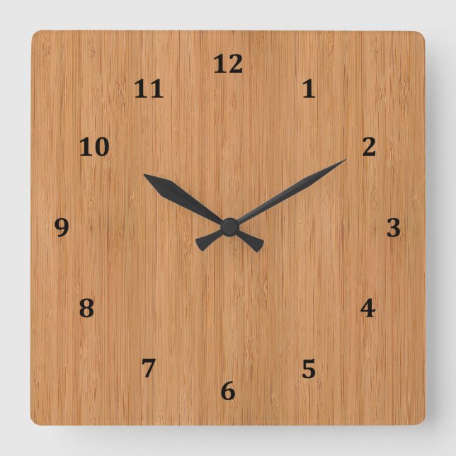 Natural Bamboo Wood Grain Look Square Wall Clock (Front)