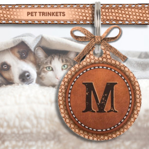 Natural Basketweave and Stitched Leather Monogram Pet Tag