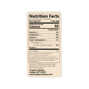 Natural Bee Pollen Nutrition Facts Gold Product Label
