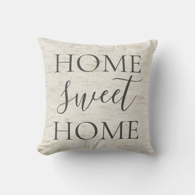 Natural Birch Home Sweet Home Rustic Grey Script Throw Pillow (Front)