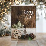 Natural Birch Tree Log and Pine Cones Happy Yule Holiday Card<br><div class="desc">Send your holiday wishes this winter solstice with the charming Natural Birch Tree Log and Pine Cones Happy Yule Card. This custom pagan or wiccan sabbat card features a quaint nature photograph of a white birch tree log, two brown pine cones, green pine tree branches, natural wood slice with pentacle...</div>