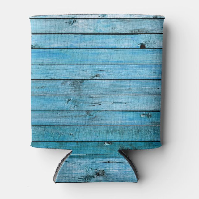 Natural blue wood, textured background. can cooler (Front)