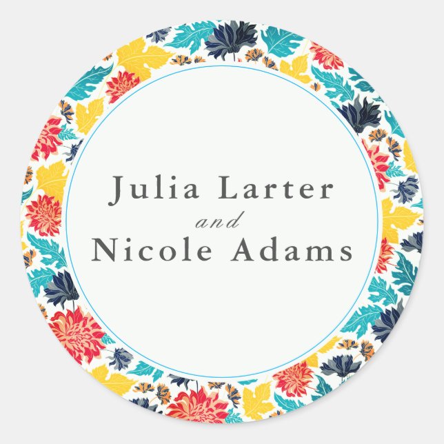 Natural Blue Yellow Watercolor Sunflowers Wedding Classic Round Sticker (Front)