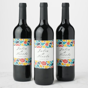 Natural Blue Yellow Watercolor Sunflowers Wedding Wine Label