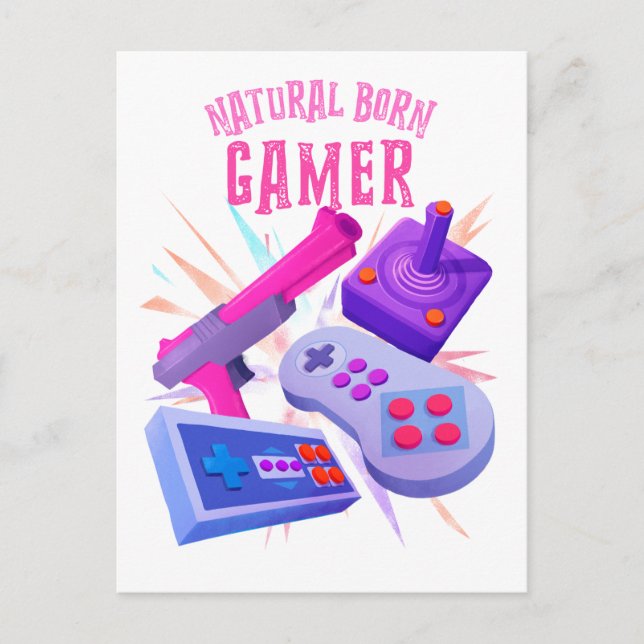Natural Born Gamer 80s Retro Gaming Console Postcard (Front)