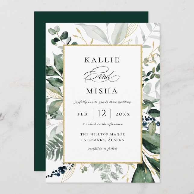 Natural Botanic Foliage Frame Emerald Wedding Invitation (Front/Back)