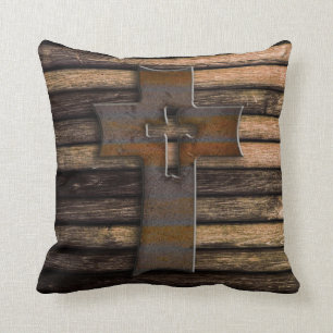 Natural Brown Wooden Cross Throw Pillow