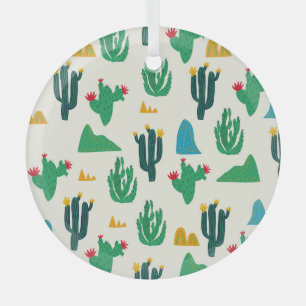 Natural Cactus: Folk Art Seamless. Glass Ornament