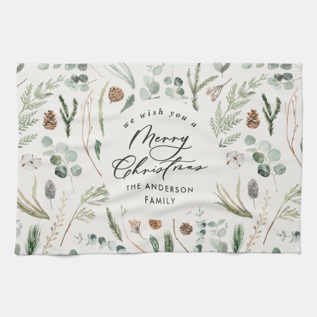 Natural Christmas minimal elegant botanical Kitchen Towel (Horizontal)