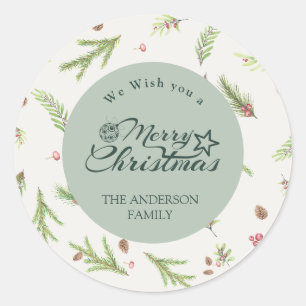 Natural Christmas minimal elegant Green botanical Classic Round Sticker