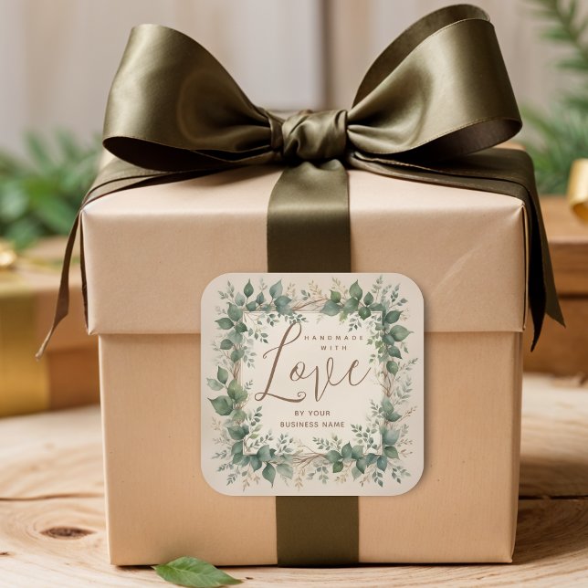 Natural Creative Branches & Leaves for Artisan Square Sticker (Natural Rustic Soft Brown Creative Branches & Leaves Handmade with Love Quote Square Stickers.)