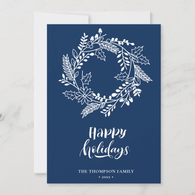 Natural Floral Wreath | Poinsettia Pine Bough Blue Holiday Card (Front)