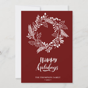 Natural Floral Wreath Poinsettia Pine Bough Red Holiday Card