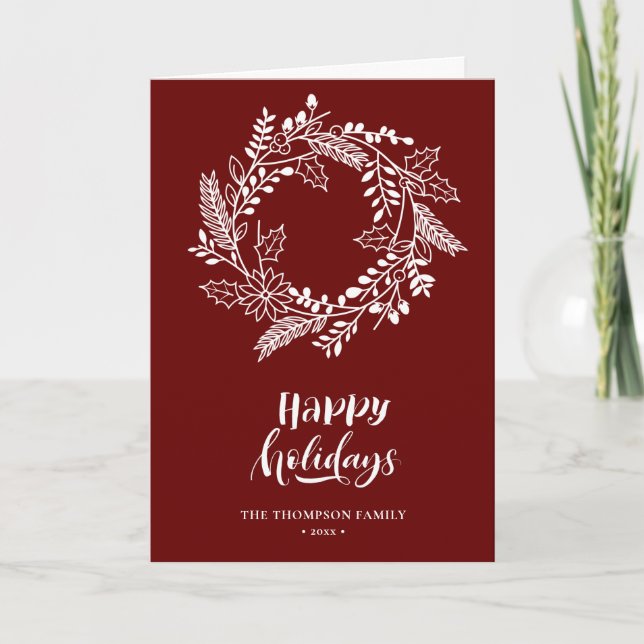 Natural Floral Wreath | Poinsettia Pine Bough Red Holiday Card (Front)