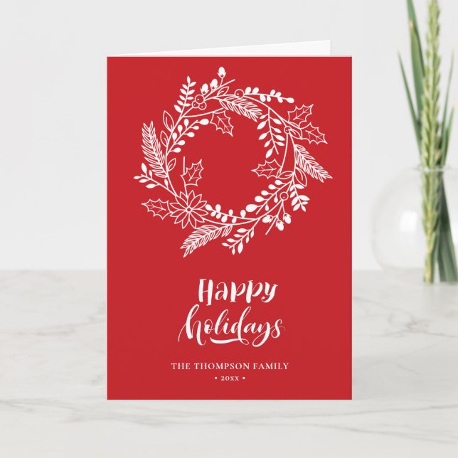 Natural Floral Wreath | Poinsettia Pine Bough Red Holiday Card (Front)