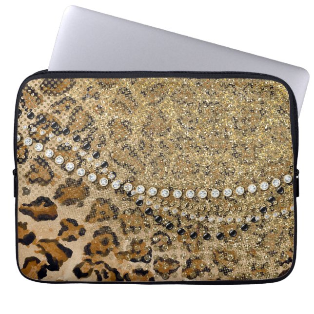 Natural Gold Leopard Animal Print Glitter Look Laptop Sleeve (Front)