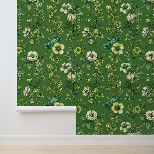 Natural Green and White Floral Peel and Stick  Wallpaper (Application)
