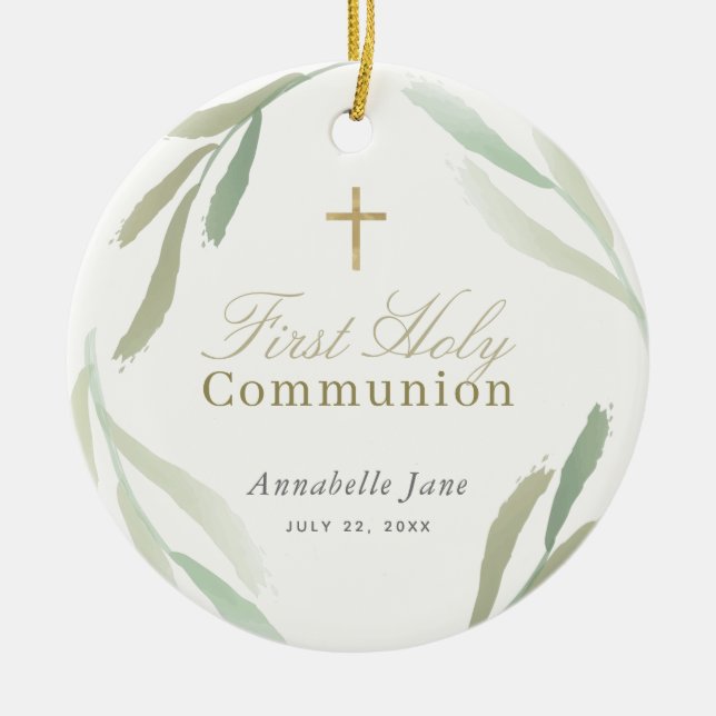 Natural Green Foliages First Holy Communion Ceramic Ornament (Front)