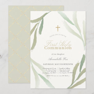 Natural Green Foliages First Holy Communion Invitation