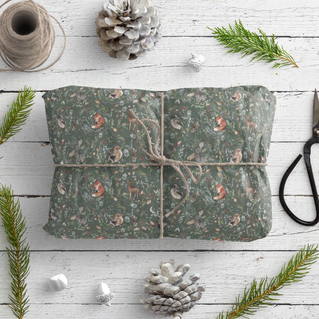 Natural Green Forest Animals Pattern Watercolor Wrapping Paper (Creator Uploaded)