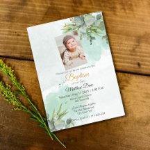 Natural Green Leaves Baptism Invitation