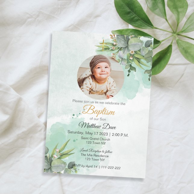 Natural Green Leaves with Photo Baptism Invitation (Natural Green Leaves with Photo Baptism Invitation)