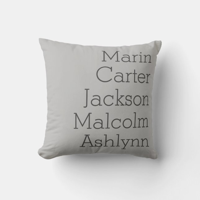 Natural Grey Five Kids Names Personalized Family Throw Pillow (Front)