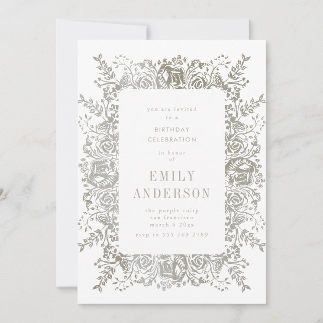 Natural Grey Floral Birthday Invitation (Front)