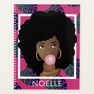 Natural Hair Popping Bubble Gum Leaf Pattern Pink Planner