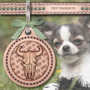 Natural Leather Bad To The Bone Embossed Cow skull Pet Tag