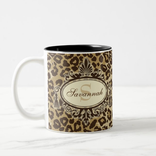 Natural Leopard Pattern Custom Name Monogram Two-Tone Coffee Mug (Left)