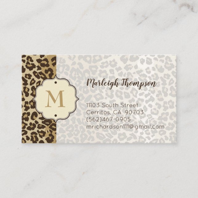 Natural Leopard Print Custom Monogram Name Business Card (Front)