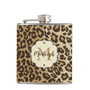 Natural Leopard Print Custom Monogram Name Hip Flask