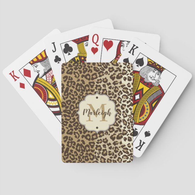 Natural Leopard Print Custom Monogram Name Playing Cards (Back)