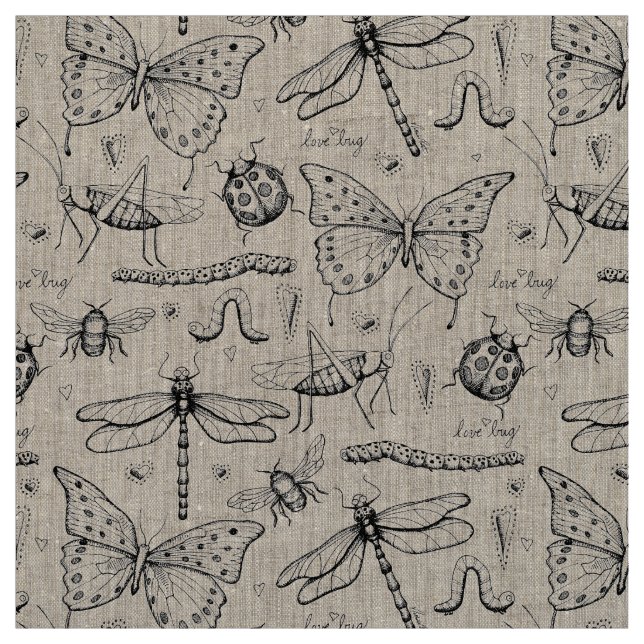Natural Linen Elegant Insects Illustration Pattern Fabric (Swatch)